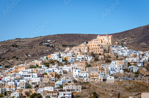 View of Ano Syros, the medieval settlement of Syros island, with the Roman Catholic Church of Saint George on top of the hill. Cyclades, Greece.