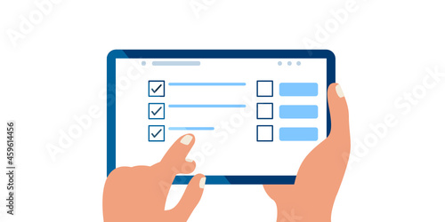 Online survey, checklist. Hand holds tablet and finger touch vertical screen. Feedback business concept. Cartoon flat vector illustration isolated on blue. Minimalistic design for web site, mobile app