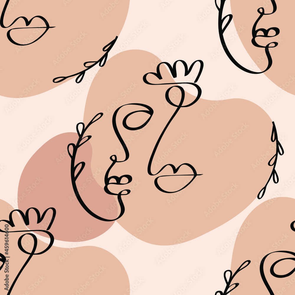 One line drawing abstract face seamless pattern. Modern contemporary aesthetic print, minimalism art, contour line art. Continuous with people faces. Vector design for print, decor, poster, pattern