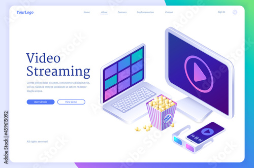Video streaming banner. Online service with live stream media, cinema or tv. Vector landing page with isometric laptop, screen, mobile phone, popcorn and 3d glasses