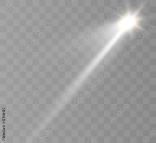 Spotlights set isolated on transparent background. Vector glowing light effect with golden rays and lens flares. 