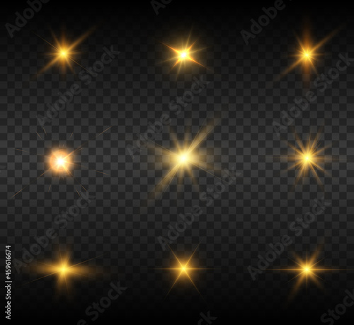 Set of bright light effects in yellow on a transparent background. Vector