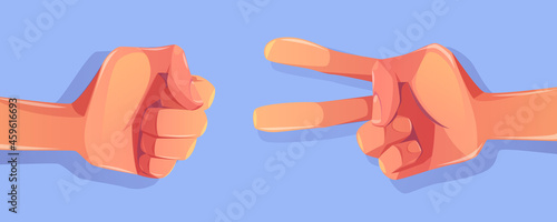 Hands in fist and victory symbol. Rock, paper, scissors hand game gestures. Vector cartoon illustration of human arms playing in gesturing game isolated on blue background