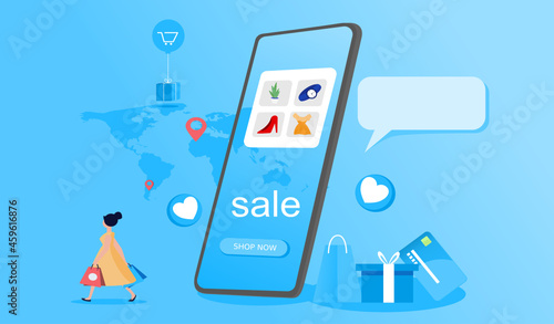 gps navigator and map.online shopping.object have credit card, gift,shop,lady,map,messages,heart.vector .