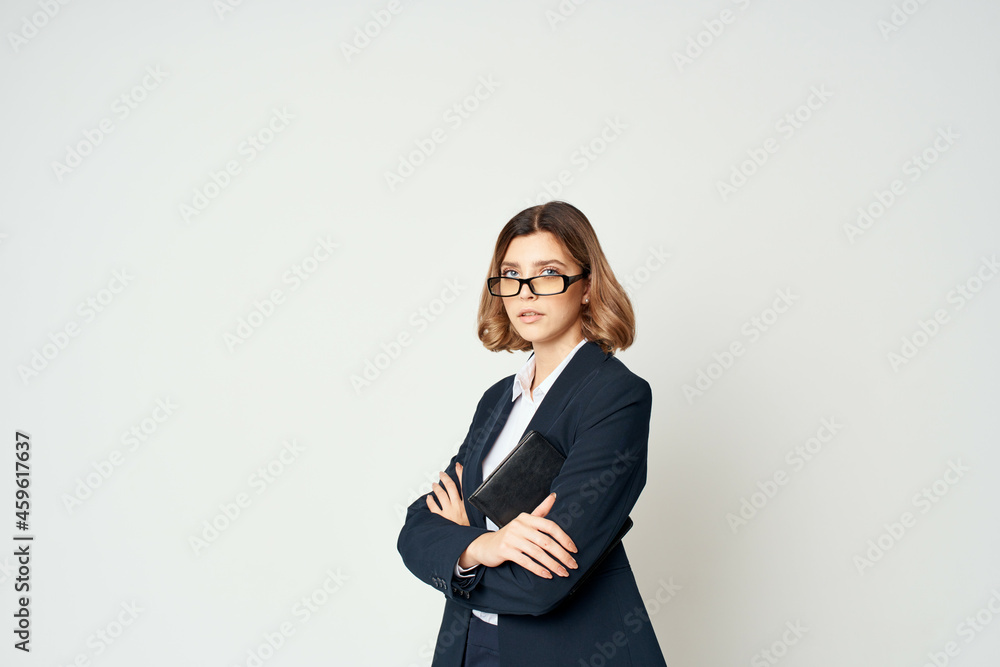 Business woman in black jacket documents work isolated background Business woman in black jacket documents work isolated background