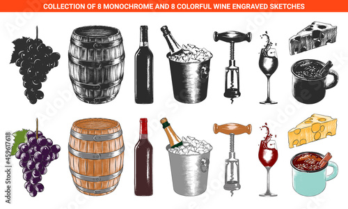 Vector engraved style wine list or menu collection for posters, decoration, logo, emblem. Hand drawn sketches isolated on white background. Detailed vintage woodcut style drawing.