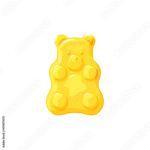 Yellow jelly bear on a white isolated background. Gummy healthy sweets. Vector cartoon illustration