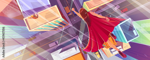 фотография Superhero woman flies above city street with houses, road and cars