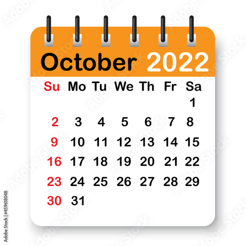 October 2022 calendar. Orange page on spiral. Simple diary design. Office template. Vector illustration. Stock image.