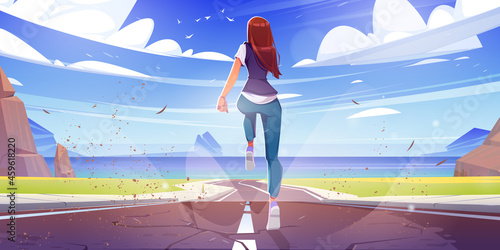 Woman run, sport workout, girl running by road with mountains around and ocean landscape rear view. Female character fitness, jogging exercise or marathon, outdoor training Cartoon vector illustration