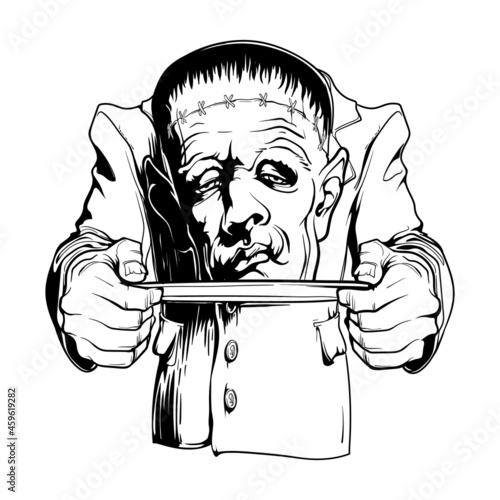 Frankenstein Monster serving his head on a tray. Halloween character design. Black and white line drawing isolated on white background. EPS10 Vector illustration.