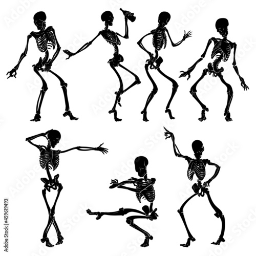 Silhouettes of dancing skeletons. Halloween character design. Black and white line drawing isolated on white background. EPS10 Vector illustration.