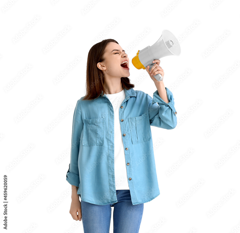 Protesting woman with megaphone on white background Protesting woman with megaphone on white background