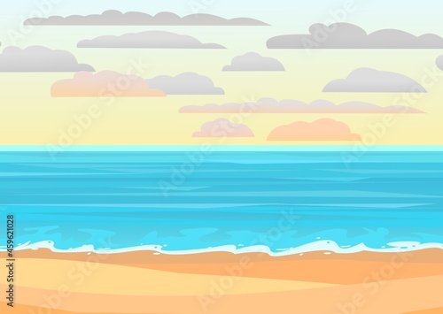 Seascape. Skyline of the blue sea. Coastal surf waves. Calm weather. Illustration in cartoon style. Vector.