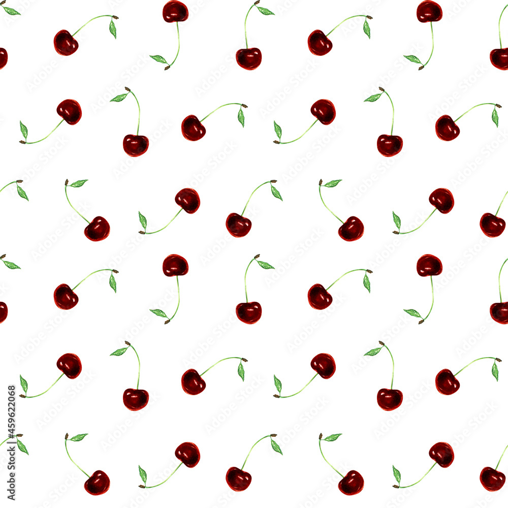 Seamless watercolor pattern with red cherries with green leaves isolated on white background. Decorative endless pattern for food wrapping paper and decoration Seamless watercolor pattern with red cherries with green leaves isolated on white background. Decorative endless pattern for food wrapping paper and decoration
