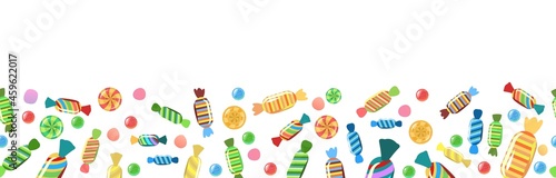 Sweets and scattered. Assorted lollipop dessert interspersed. Candy caramel wrapped. Bottom seamless border. Flat Background illustration. Vector