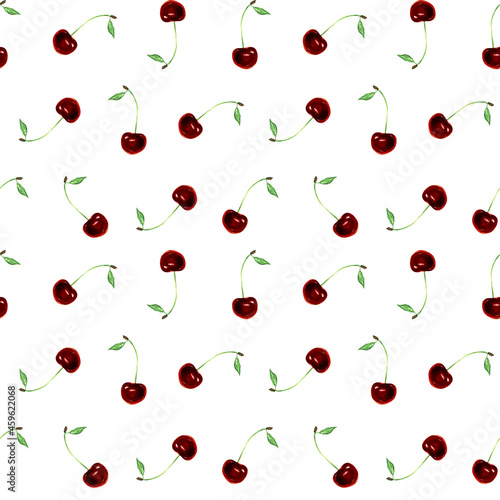 Seamless watercolor pattern with red cherries with green leaves isolated on white background. Decorative endless pattern for food wrapping paper and decoration
