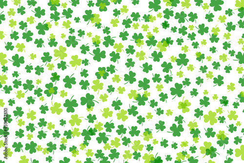 Shamrock or green clover leaves pattern background flat design vector illustration isolated on white background. St Patricks Day shamrock symbols decorative elements pattern.