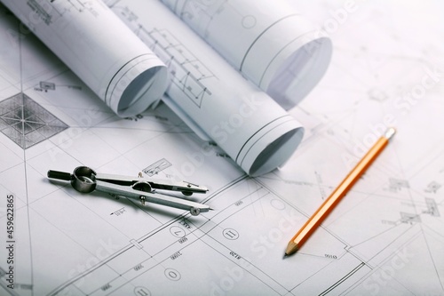 Drafting Tools And Construction Plans Close-up