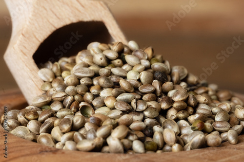 Obraz na plátne Closeup of hemp seed in a bowl with a scoop