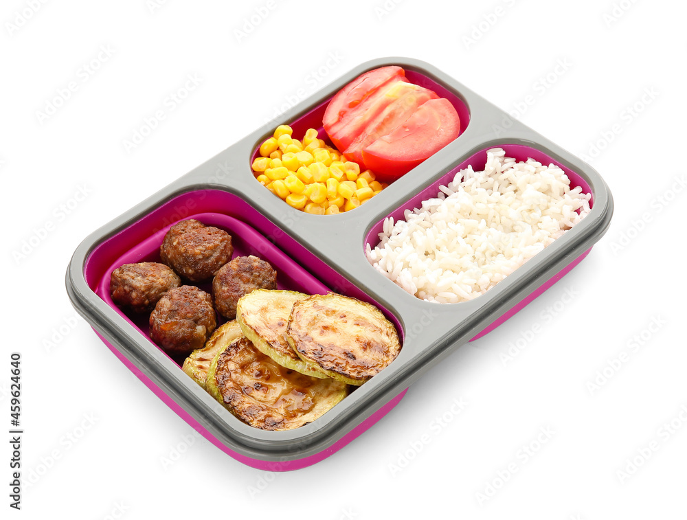 Container with healthy food in compartments on white background Container with healthy food in compartments on white background