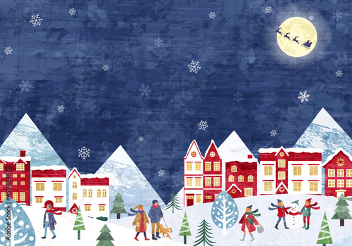 雪とクリスマスと人々のベクターイラスト背景(xmas)