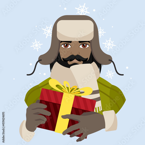 Avatar of a man in a hat with earflaps and a scarf with a Christmas gift. Winter. Flat vector illustration.