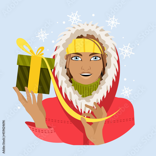 Avatar of a girl in a fur hood with a Christmas present in her hand. Winter. Flat vector illustration.