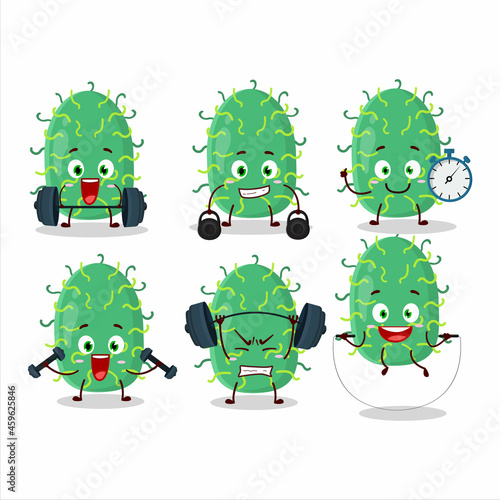 A healthy zygote virus cartoon style trying some tools on Fitness center
