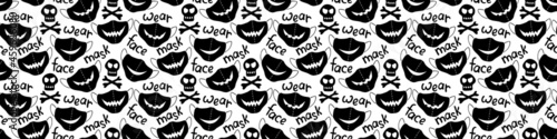Seamless vector pattern of medical protect face masks. Halloween background and texture with lettering in flat style. Virus protection, quarantine. Covid-19 pandemic