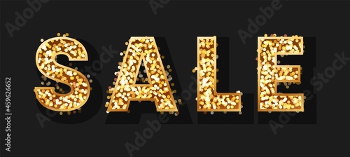 Bold sale text with golden glitter. Gold symbol of discount with shiny sparkles. Shining metallic font for festival decoration. Magical icon for holiday promotion offer. Vector isolated illustration