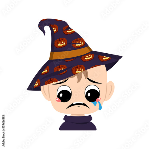 Avatar of child with big eyes and depressive emotion, crying, tears face in a pointed witch hat with pumpkin. The head of a toddler with sad face. Halloween party decoration