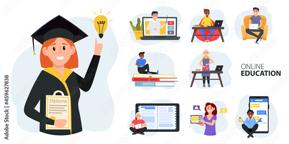 Online education, home schooling. E-learning set. Training and courses, learning, video tutorials,  professional personal teacher. Vector illustration.