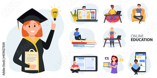 Online education, home schooling. E-learning set. Training and courses, learning, video tutorials,  professional personal teacher. Vector illustration.