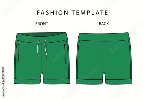 short fashion flat sketch template, Bermuda Shorts Template, Vector Illustration of pant, Men's fashion shorts front and back view