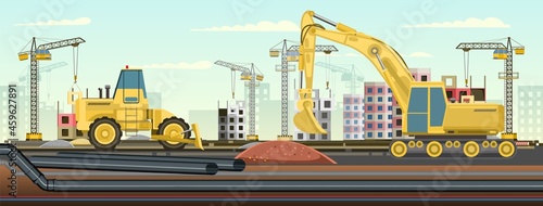 Industrial pipeline laying. Construction of new quarters. Excavation and laying of underground pipes with water, gas or sewerage. Background Illustration vector