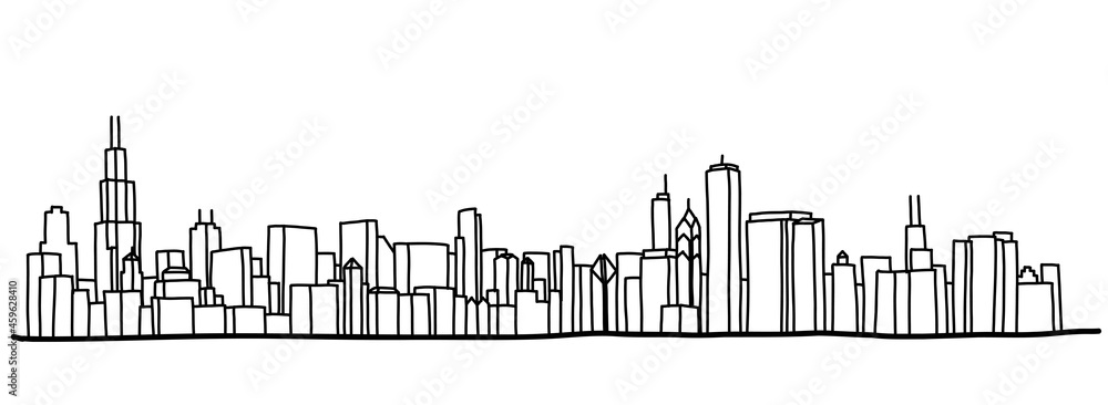 Chicago cityscape skyline outline doodle drawing on white background.