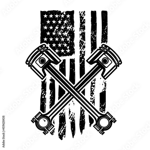 Crossed pistons on american flag background. Design element for logo, emblem, sign, poster, t shirt. Vector illustration