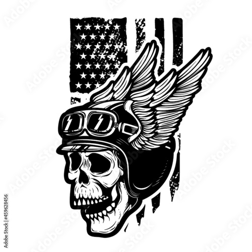 Fotografia Skull in winged motorcycle helmet on american flag background