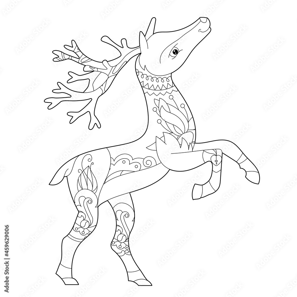 Fototapeta premium Fancy reindeer on white background. Contour illustration for coloring book with fantasy deer. Anti stress picture. Line art design for adult or kids in zentangle style, tattoo and coloring page.