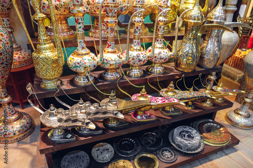 Traditional oriental lamps in souvenir shop in Dubai