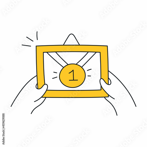 Hands holding a frame with a photo of the medal for the first place. Championship, winner prize, special offer. Thin outline vector illustration on the white background.