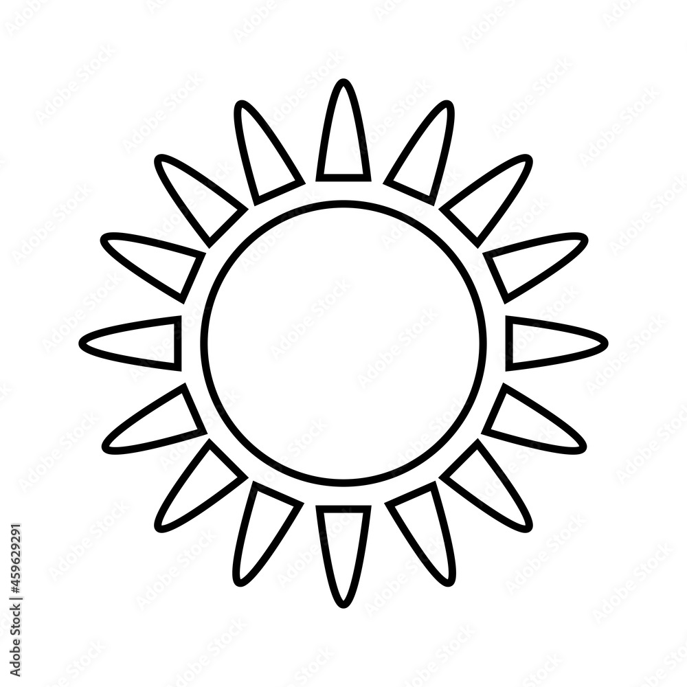 The Sun icon. Linear drawing of the sun in a children's style. A star that is the central object in the solar system. Vector illustration isolated on a white background for design and web.