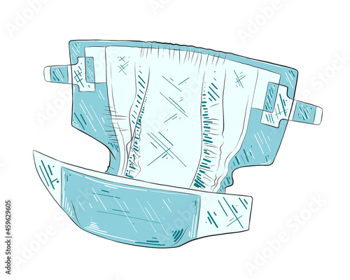 Vector engraved style illustration for posters, decoration and print. Hand drawn sketch of baby diaper in blue isolated on white background. Detailed vintage etching style drawing.