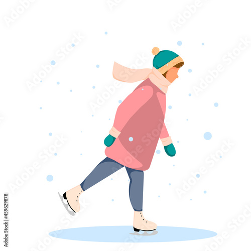 Young girl ice skating. Concept of winter sport activities. Vector Illustration in flat style.