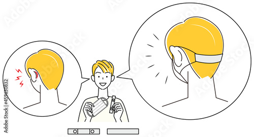 マスクストラップを紹介している男性 マスクのゴム紐で耳の後ろ側が痛い時の対策 イラスト ベクター