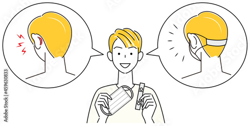 マスクストラップを紹介している男性 マスクのゴム紐で耳の後ろ側が痛い時の対策 イラスト ベクター