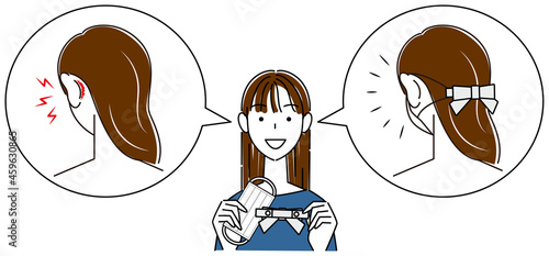 マスクストラップを紹介している女性 マスクのゴム紐で耳の後ろ側が痛い時の対策 イラスト ベクター