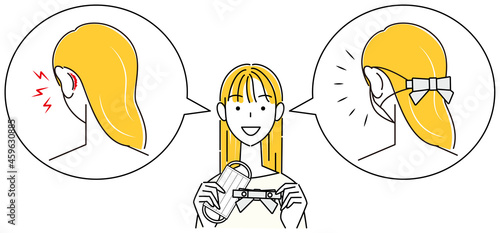 マスクストラップを紹介している女性 マスクのゴム紐で耳の後ろ側が痛い時の対策 イラスト ベクター