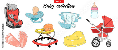 Vector engraved illustration for posters, decoration. Hand drawn baby kid sketch set of nipple, baby carriage, car seat, potty, foots, walker isolated on white background. Detailed etching drawing.